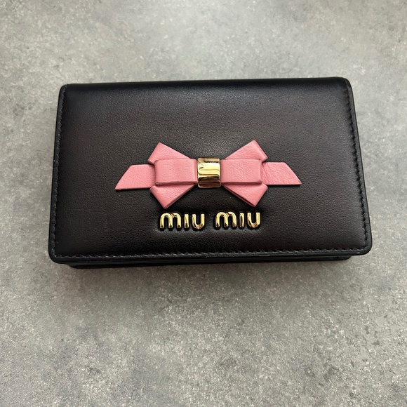 Authentic MIU MIU Vintage Ribbon Leather Bifold Wallet Purse Black Pink - Picture 1 of 5